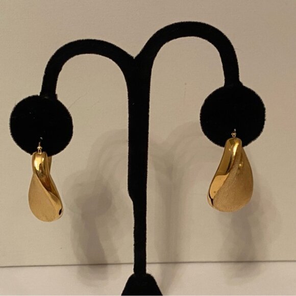 EARRINGS 925 GOLD VERMEIL STERLING SILVER BRUSHED MODERNIST HOOP DROP LEVER - Picture 2 of 9